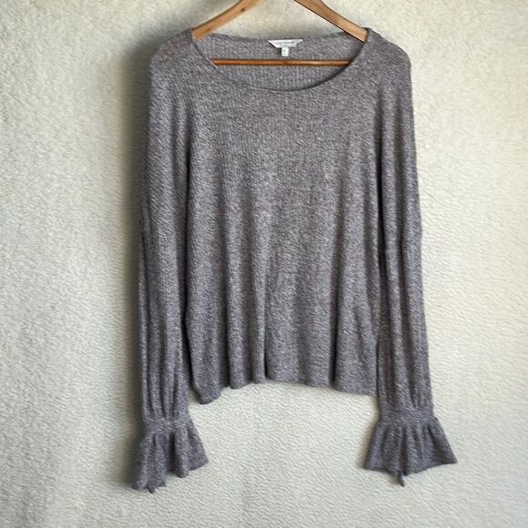 Lucky Brand Sweater Womens XL Heather Grey Ruffle‎ Wrist Lightweight Pullover - Picture 1 of 6